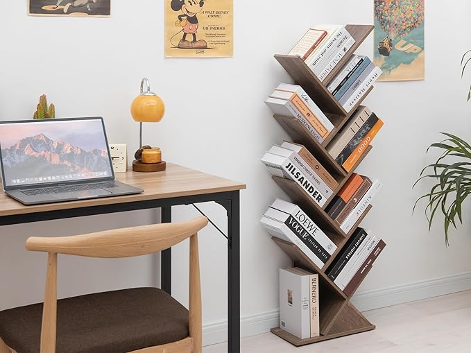Labcosi 8 Tier Tree Bookshelf, Floor Standing Wood Tree Bookcase, Tall Book Storage Rack for Books/CDs, Book Organizer Shelves for Home Office, Bedroom, Living Room