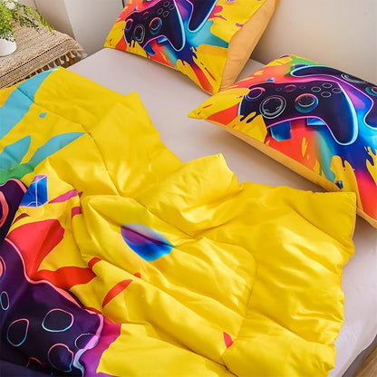 Aimuan Gamer Gaming Bedding Sets 3D Gamepad Comforter Sets for Boys Games Console Action Buttons Novelty Colorful Game Controller Modern Room Decor Home Quilt Set (Full, Yellow)