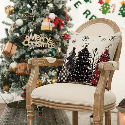AVOIN colorlife Merry Christmas Joy Xmas Trees Red Throw Pillow Covers, 18 x 18 Inch Christmas Winter Holiday Cushion Case Decoration for Sofa Couch Set of 4