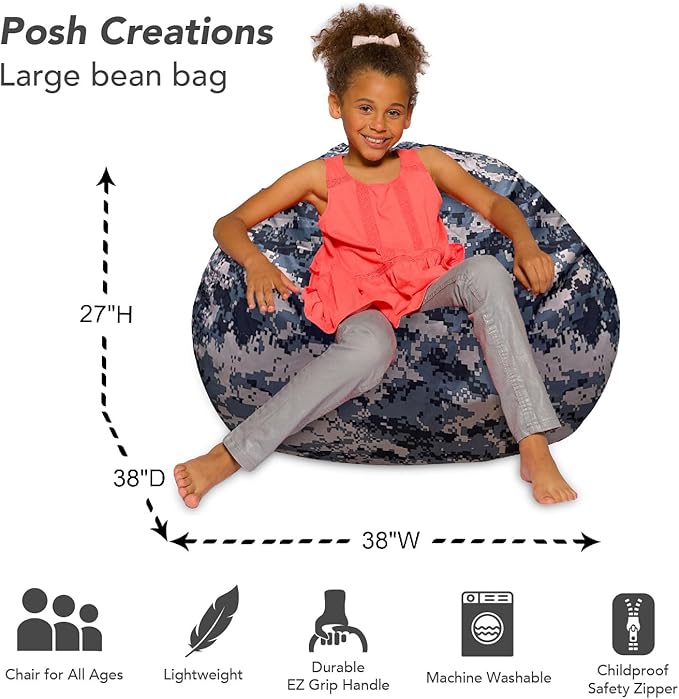 Posh Creations Bean Bag Chair for Kids, Teens, and Adults Includes Removable and Machine Washable Cover, Soft Nylon - Camo Digital, 38in - Large