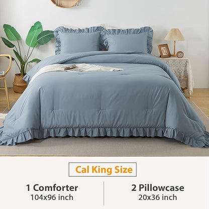 Andency California King Comforter Sets Grayish Blue (104x96Inch), 3 Pieces Cal King Ruffle Comforter, Oversized Farmhouse Shabby Chic Bed Comforter, Lightweight and Soft Microfiber Bedding Set