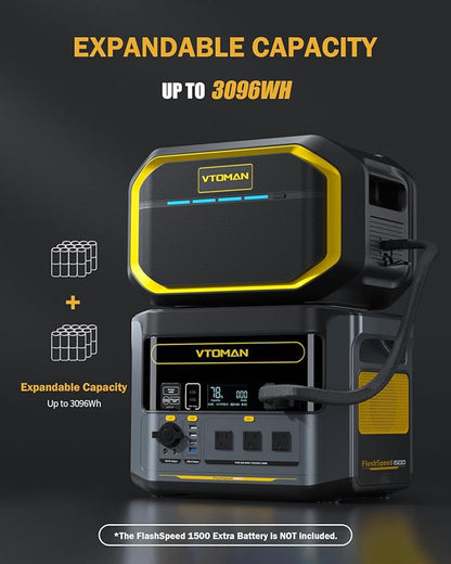 VTOMAN FlashSpeed 1500 Portable Power Station with Extra Battery - 3096Wh/1500W(3000W Peak) Solar Generator with LiFePO4 Battery, 100W USB-C, 60 Min Fast Charging 0-80% for Camping, Backup, RV