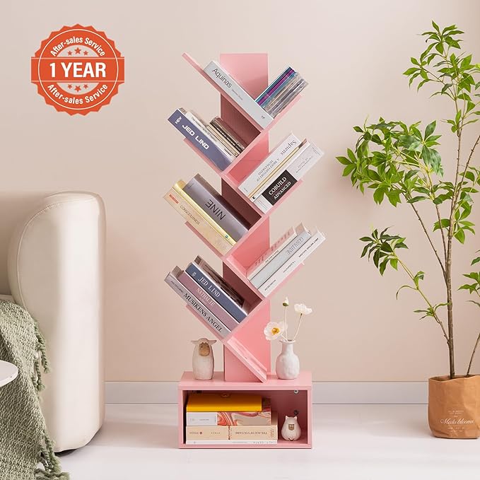 Yoobure Tree Bookshelf - 6 Shelf Retro Floor Standing Bookcase, Tall Wood Book Storage Rack for CDs/Movies/Books, Utility Book Organizer Shelves for Bedroom, Living Room, Home Office Pink