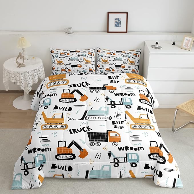 Feelyou Kids Cartoon Excavator Bedding Set Boys Vehicles Truck Car Comforter Child Cute Building Equipment Comforter Set Funny Construction Transport Duvet Set Colorful Room Decor Queen Size Boys