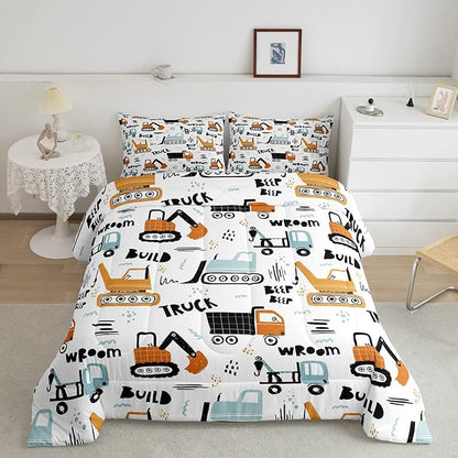 Feelyou Cartoon Car Kids Comforter Cute Excavator Tractor Comforter Set Boys Construction Bedding Set Vehicles Truck Cars Duvet Set Building Equipment Quilt Colorful Decor King Size 3Pcs Boys