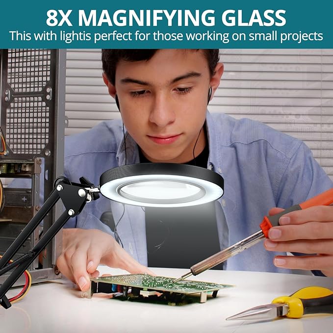8X Magnifying Glass with Light and Stand, 2-in-1 Lighted Magnifier with Clamp,3 Color Modes Dimmable 10 Brightness Levels LED Desk Magnifying Lamp Hands Free for Crafts Hobby Reading Close Work