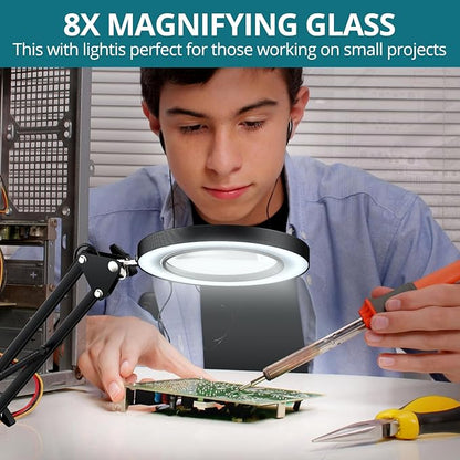 8X Magnifying Glass with Light and Stand, 2-in-1 Lighted Magnifier with Clamp,3 Color Modes Dimmable 10 Brightness Levels LED Desk Magnifying Lamp Hands Free for Crafts Hobby Reading Close Work