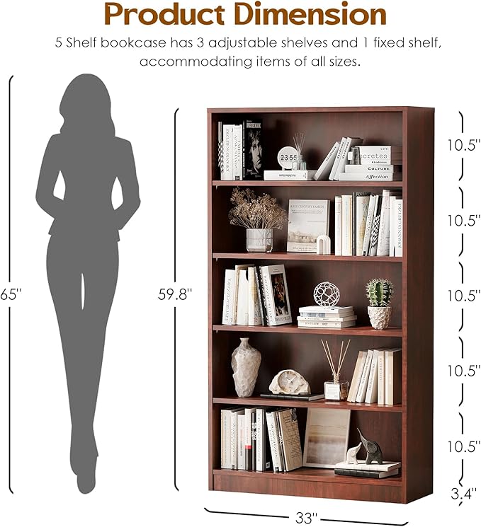 Soohow Cherry Bookcase,Bookshelf for Bedroom,60 inches Tall Wood Book Case Book Shelves,5 Shelf bookcase for Living Room