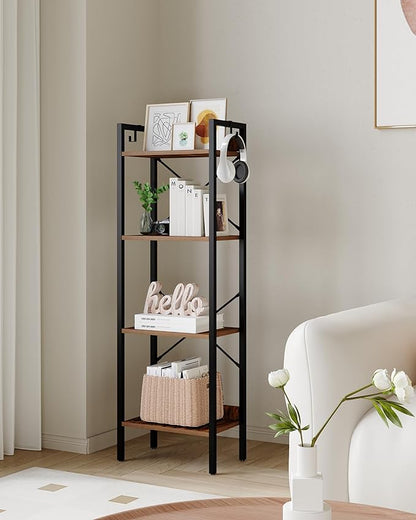 Bookshelf, Book Shelf, Industrial Bookcase with 2 Hooks, Coner Shelf Storage Organizer for Home Office, Living Room, Bedroom, Kitchen, 4-Tier Rustic Brown BC10401B