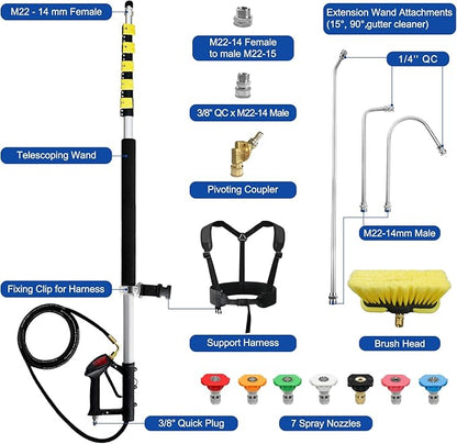 RAYNEL 25FT Telescoping Pressure Washer Extension Wand with Brush Head,2 Power Washer Extension Wands, Gutter Cleaner Attachment,7 Spray Nozzle Tips,Support Belt and 2 Hose Adapters
