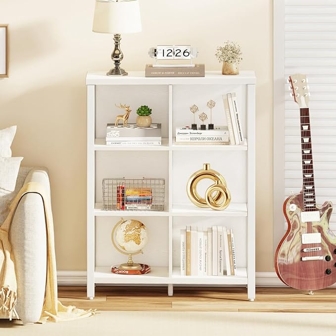 FATORRI 6 Cube Storage Organizer Shelf, Wood and Metal Cubby Bookcase, Modern Cube Bookshelf (White Oak)