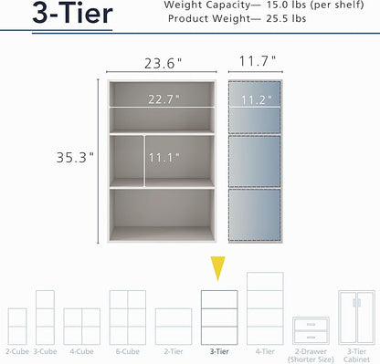 Apexa 3-Tier Cube Storage Organizer Shelves, Stackable Wood Bookcase Fits Cubby Bins for Organization, Dorm Teen Room Decor & Home Office, Greige