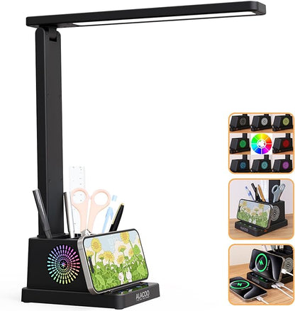 LED Desk Lamp for Home Office with USB A+C Charging Port Touch Control Reading Table Lamp Small Desk Lamp with Pen Phone Holder 3 Color Modes 4 Dimmable RGB Auto Timer 60min for Home, Office, Dorm