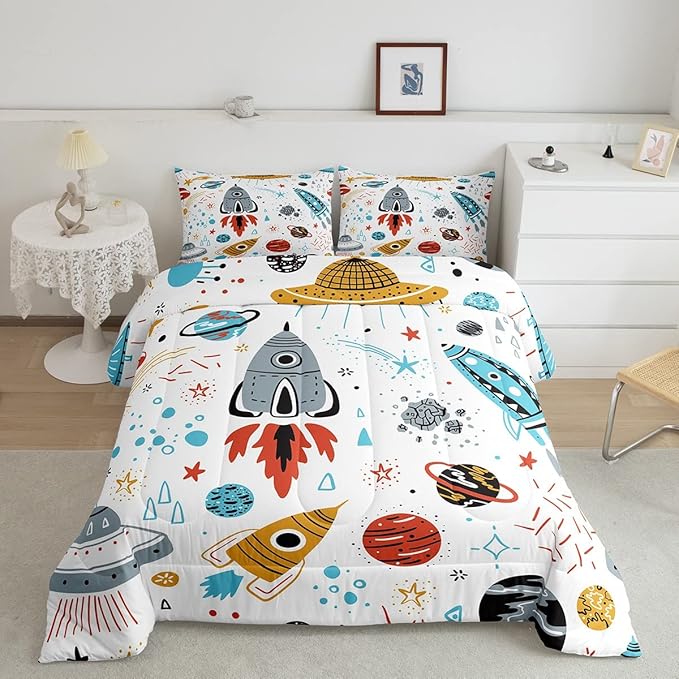 Erosebridal Outer Space Bedding Set Full Size Kids Boys Space Ship Rocket Comforter Set Cartoon Universe Stars Planet Down Comforter Cosmos Meteorite Quilt Duvet Set with 2 Pillow Cases