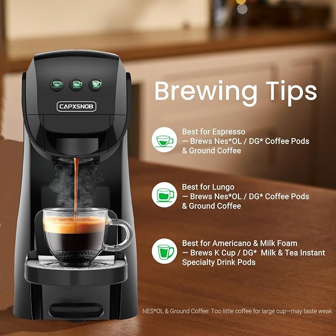 Warriors1 4-in-1 Coffee Maker & Espresso Machine for Pods & Ground, 20 Bar | Fits K Cup/Nespresso/Dolce Gusto Pods/Ground, 3 Cup Sizes & Custom Vol/Temp, 5.3" W for Kitchen/Office/Dorm, Durable PA66+GF
