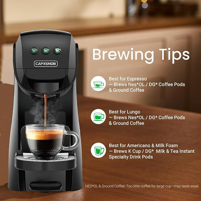 Warriors1 4-in-1 Coffee Maker & Espresso Machine for Pods & Ground, 20 Bar | Fits K Cup/Nespresso/Dolce Gusto Pods/Ground, 3 Cup Sizes & Custom Vol/Temp, 5.3" W for Kitchen/Office/Dorm, Durable PA66+GF