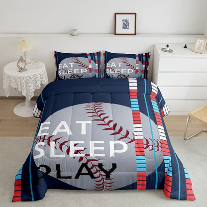Feelyou Baseball Comforter Set Sports Game Bedding Set for Boys Girls Baseball Gaming Blue Stripe Comforter Gift for Baseball Softball Lover Room Decor King Size Quilt Boys