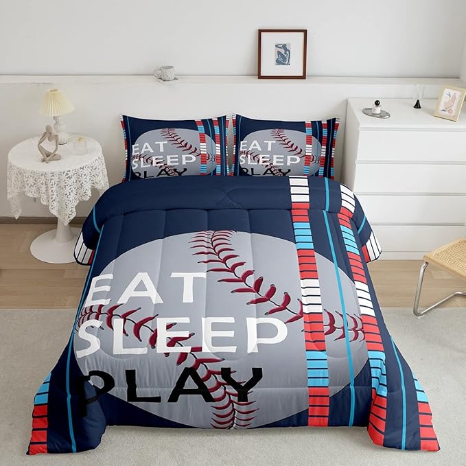 Feelyou Baseball Comforter Set Sports Game Bedding Set for Boys Girls Children Baseball Gaming Blue Stripe Comforter Gift for Baseball Softball Lover Room Decor Twin Size Quilt Set