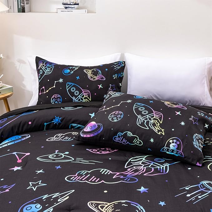 Aimuan Space Comforter Twin Set Kids Rocket Bedding Set Super Soft & Cute Aliens UFO Printed for Boys Girls Teen (Black, Full 5Pcs)