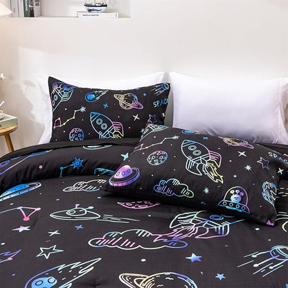 Aimuan Space Comforter Twin Set Kids Rocket Bedding Set Super Soft & Cute Aliens UFO Printed for Boys Girls Teen (Black, Full 5Pcs)