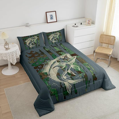 Feelyou Bass Fish Comforter Set Queen Size Green Camouflage Bedding Set for Fishing Lover Gifts Boys Girls Camo Pike Fish Fishing Comforter Wild Fisherman Bed Set Rustic Cabin Bedroom Decor