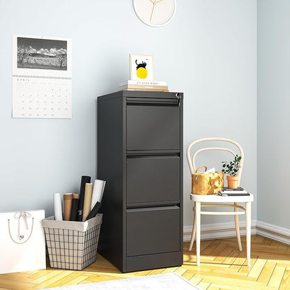 3 Drawer File Cabinet with Lock, Metal Vertical Filing Cabinets for Home Office, Steel Storage Cabinet for Hanging Legal/Letter Size Files, Assembly Required (Black)