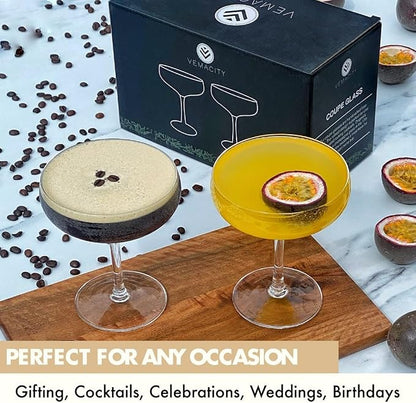 VEMACITY - Elegant Handblown Coupe Cocktail Glasses Set of 2 (10oz) - Crystal Espresso Martini Glasses, Champagne Saucers - Vintage Glassware | Wedding Gift | Ideal for Martinis and Margaritas