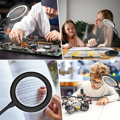 Magnifying Glass with Light and Stand, 5X Desk Magnifying Desk Lamp, Table Magnifier Lamp for Senior Close Work Reading Crafts