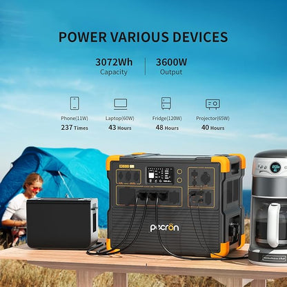 PECRON Two E3600LFP Portable Power Station with 240V Double Voltage Hub and Four Extra Batteries, 3072Wh Power Station, 3600W LiFePO4 Battery Backup, Solar Generator for Home Use, RV, Camping