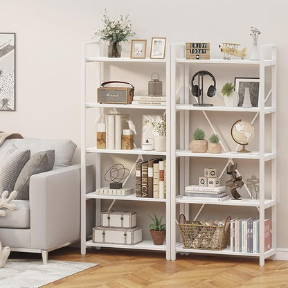 FATORRI 5 Tier Bookshelf, Metal and Wood Bookcase, Etagere Book Shelf for Display, Modern Shelving Unit Tall Book case for Home Office, Living Room, Bedroom (White Oak)