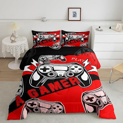Erosebridal Twin Comforter Set for Boys Girls Kids,Gamer Comforter Sets for Boys Teens Video Game Bedding Set,Gaming Console Comforter Bedroom Decor Red Black 2Pcs