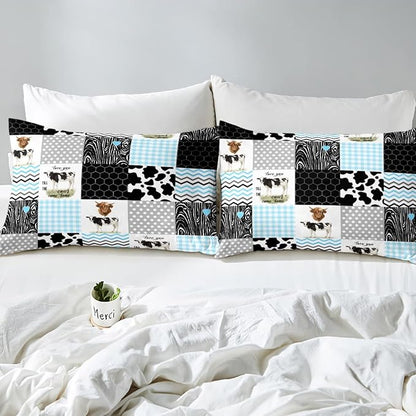 Cute Cow Print Comforter Set Queen Size Kawaii Highland Cow Bedding Set Bedroom Decor Honeycomb Plaid Pattern Geometric Stripes Down Comforter Cartoon Farm Animals Duvet Set, Blue Black Grey