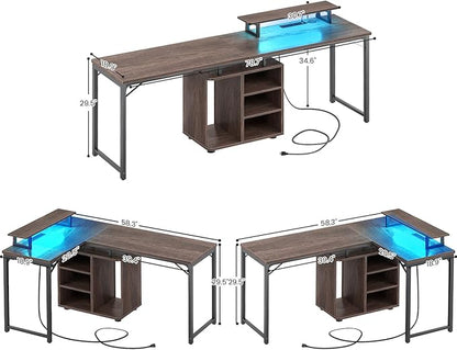 Cyclysio L Shaped Gaming Desk with Wood Cabinet, 58" Large Corner Desk with LED Lights & Power Outlet, Reversible Computer Desk with Monitor Stand, Home Office Desk 2 Person Corner Desk,Rustic Walnut