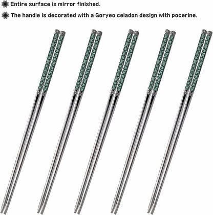 Chopsticks [Made in Korea][5 Sets] 430 Premium Stainless Steel Chopsticks, Mukbang Kitchen Utensil, Cutlery Silverware Stainless Tableware (Goryeo Celadon Blue)