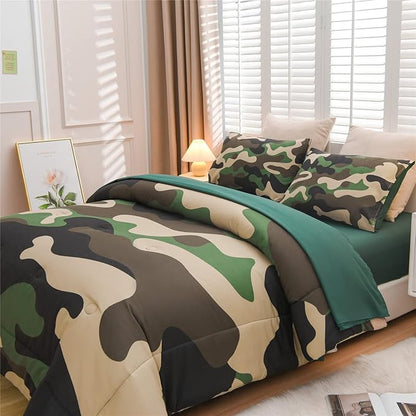 Meeting Story Camouflage Bedding Set, Green Camouflage Comforter Set, 5 PCS One Comforter and Two Pillowases, All Season Soft Bedspread for Boys Teens Adults (Green, Twin 5Pcs)