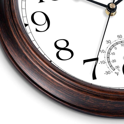 10 Inch Outdoor Wall Clock with Thermometers, Vintage Silent Wall Clocks Battery Operated, Retro Non-Ticking Clock Decorative for Living Room, Patio, Kitchen, Office, Bathroom, Bedroom(Bronze)