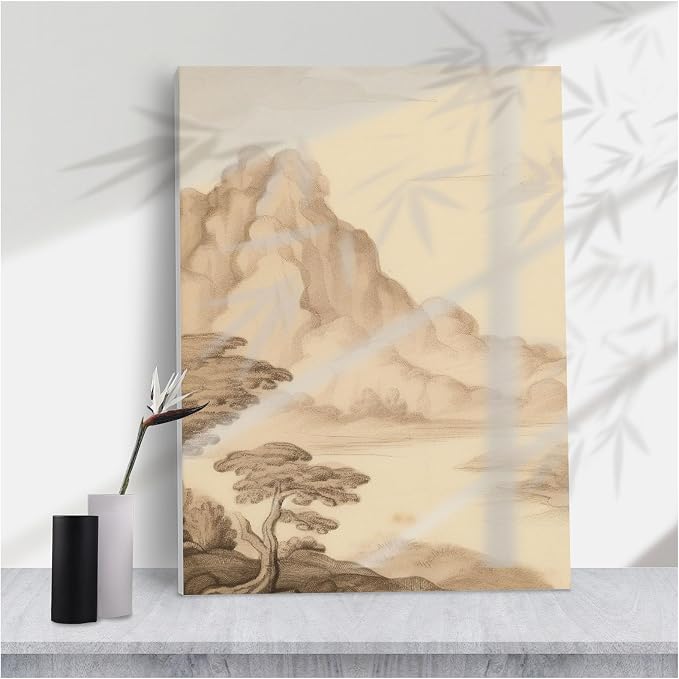 Vintage Sepia Tone Asian Mountain Landscape Art Print,Calm Monochrome Ink Drawing Style for Zen Office or Minimalist Home Decor,8''x12'' Framed Modern Canvas Wall Art