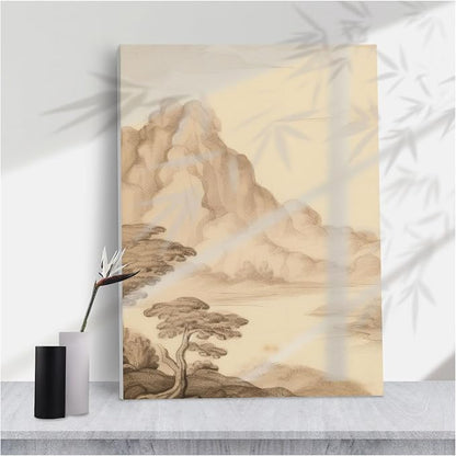 Vintage Sepia Tone Asian Mountain Landscape Art Print,Calm Monochrome Ink Drawing Style for Zen Office or Minimalist Home Decor,8''x12'' Framed Modern Canvas Wall Art