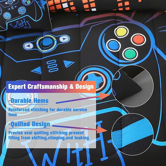 6Pcs Game Console Comforter Set with Sheets for Boys Girls Kids Teens, Geometric Gaming Themed Bed in A Bag Twin Size, 3D Video Gamer Controller Bedroom Decor Bedding Set(Blue)