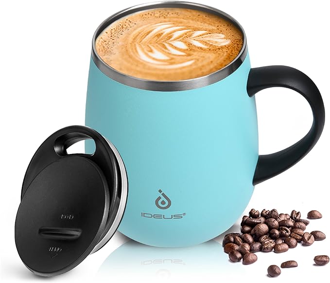 Ideus 16 oz (470 ml) Insulated Coffee Mug with Handle and Lid, Double Wall Stainless Steel Vacuum Thermal Coffee Mug, Travel Coffee Cup Thermal Cup for Home and Office (Sky Blue)