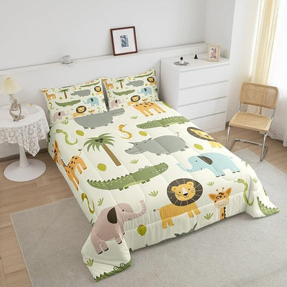 Feelyou Nursery Cute Wild Animals Bedding Set for Girls Boys Child Kids Cartoon Lion Giraffe Crocodile Comforter Decor Nature Wildlife Comforter Set Zoo Animal Duvet Set King Size Quilt Boys