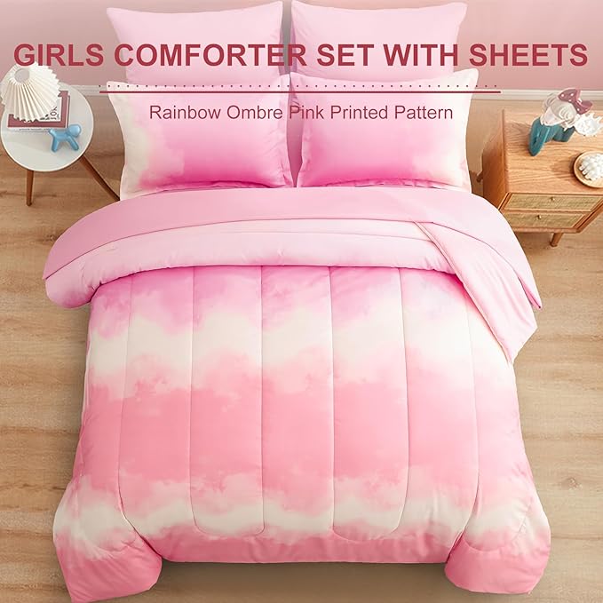 Dinjoy Girls Comforter Set Twin Size Colorful Rainbow Ombre Pink Bedding Set Gradient Soft Lightweight 6 Pieces Bed in A Bag for Kids Teen Women(1 Comforter, 1 Flat Sheet, 1 Fitted Sheet)