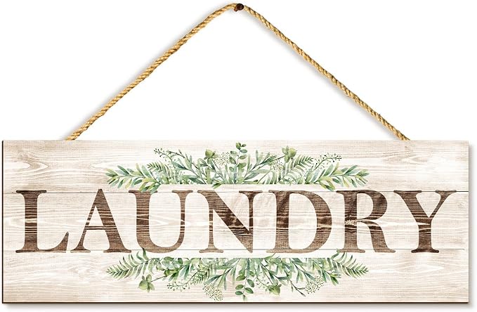 Laundry Sign Wall Decor, Laundry Wall Art with Plant Print, Rustic Farmhouse Wall Hanging Wooden Plaque for Home Decorative (Laundry), 4.7 x 13.7 inches