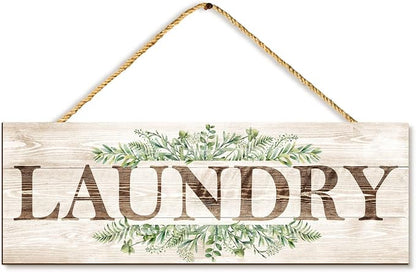 Laundry Sign Wall Decor, Laundry Wall Art with Plant Print, Rustic Farmhouse Wall Hanging Wooden Plaque for Home Decorative (Laundry), 4.7 x 13.7 inches
