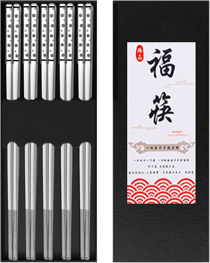 Metal Chopsticks Reusable,18/8 Stainless Steel,Silver,5PC Cherry Blossom | Gift Box Set,Square,Lightweight, Non-Slip,Laser Engraved Patterns No fade