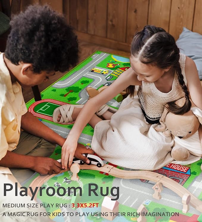 Kids Playroom Rug City Life Playmat Kids Rug for Hot Wheels Car 5.2'x3'3" City Map Traffic Road Learning Educational Area Rug Carpet for Children Bedroom Nursery Room Game