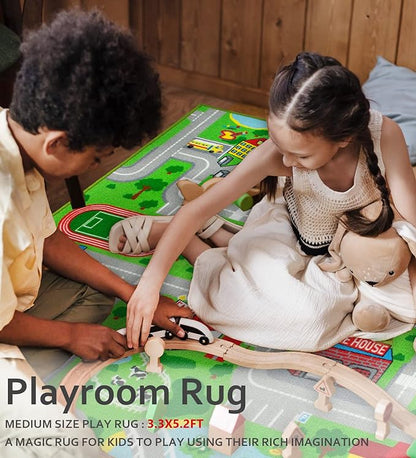 Kids Playroom Rug City Life Playmat Kids Rug for Hot Wheels Car 5.2'x3'3" City Map Traffic Road Learning Educational Area Rug Carpet for Children Bedroom Nursery Room Game