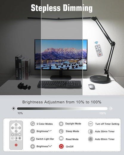 LED Desk Lamps for Home Office 2 in 1 Large Double Head Desk Lamp with Clamp & Base, Remote Control, Dimmable Architect Clip on Desktop Light Bar with Memory for Working, Crafting, Studying