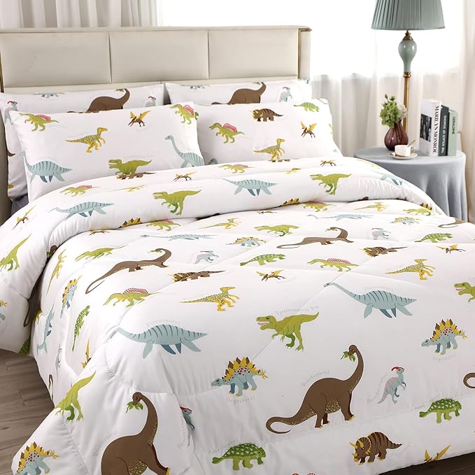 MAG 3Pcs Dinosaur Bedding Comforter Set, Dino White Base Full/Queen Comforter Set,for Toddlers Kids,Boys Teens and Girls,Super Soft Microfiber, Full/Queen Size (1 Comforter + 2 Pillowcases)