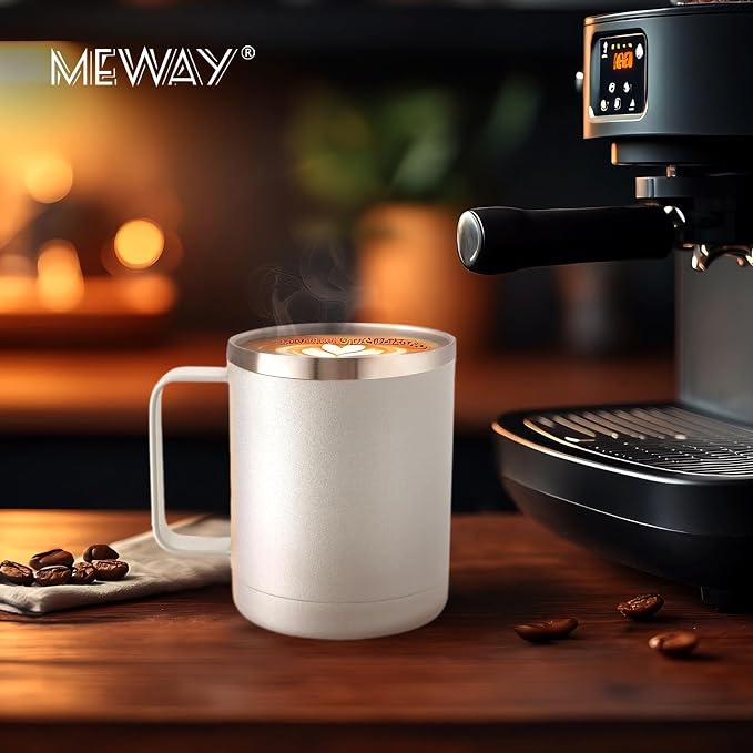 MEWAY 12oz Coffee Mug With Handle 4 Pack Bulk,Stainless Steel Insulated Travel Tumblers With Sliding Lid,Double Wall Vacuum Camping Cup for Hot & Cold Drinks Tea (White,Set of 4)